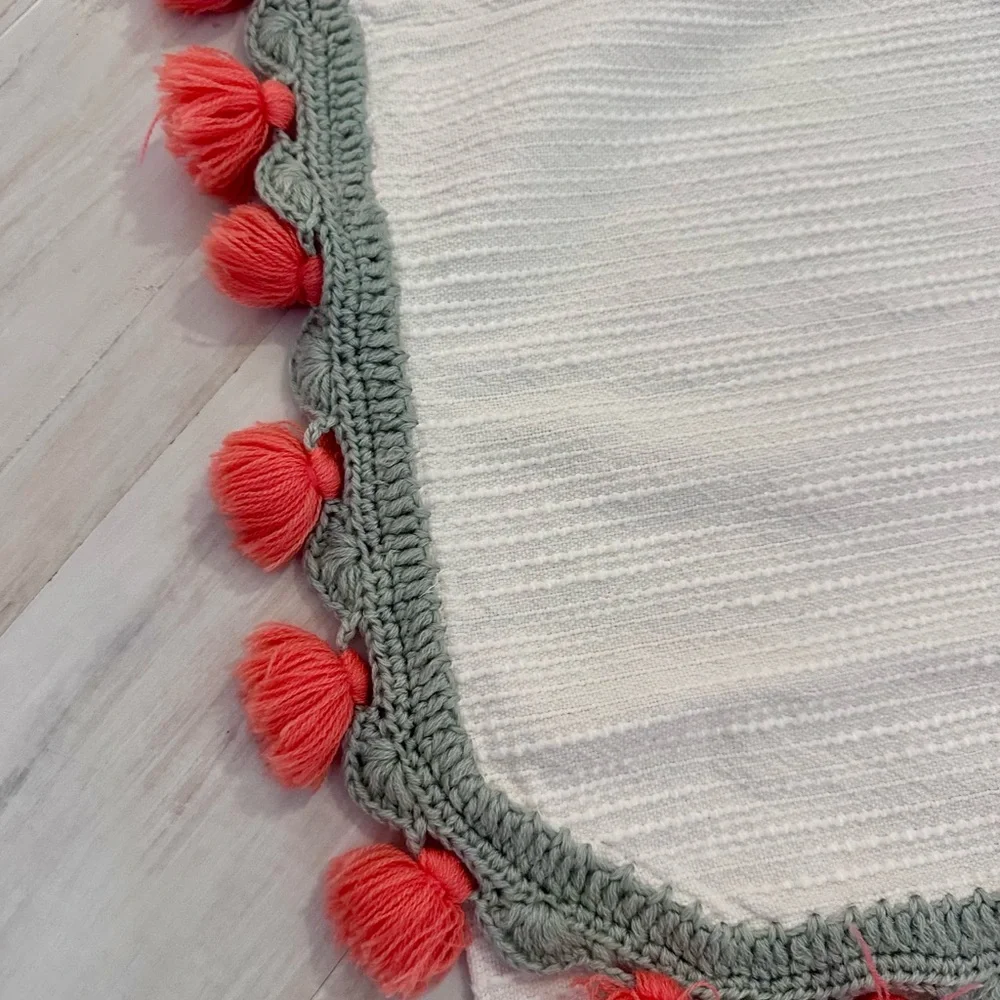 Anthropologie Cream Shower Curtain with Coral Pom-Pom Trim